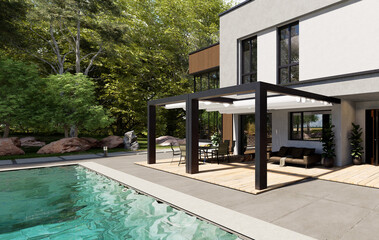 3D render of a sundeck with black pergola and pool