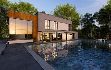 Naklejka premium 3D render of a luxury villa at sunset. Patio with pergola next to the swimming pool.