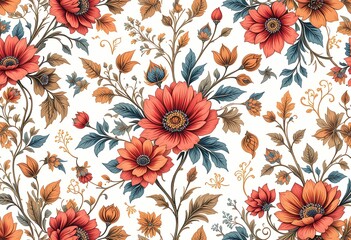 Vintage floral pattern with intricate botanical details, blooming flowers motif arrangement with medium tone, the design with white background illustration digital image for wrapping paper