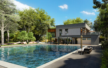 3D render of a luxury swimming pool next to private villa