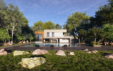 3D render general view of luxury house in the countryside
