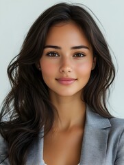 Stunning woman with long brown hair captured on a clear white background radiating charm and elegance in her presence