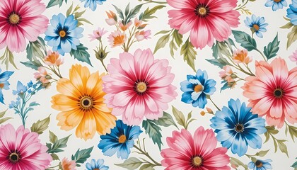 Bright Botanical Floral Pattern with Blue, Pink, and Yellow Flowers, digital image for wrapping paper, packaging, wallpaper or textile printing