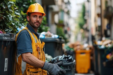 a garbage man holding trash bin and looking at the camera.