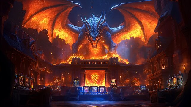 A colossal dragon guarding a slot machine built into a towering mountain of treasure. The reels glow with legendary artifacts&mdash;enchanted rings, glowing amulets,