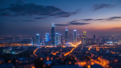 Obraz premium Skyline view of a vibrant city illuminated at dusk with high-rise buildings and bustling streets