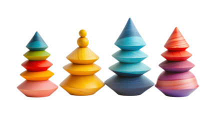 Colorful wooden stacking trees on a white background showcasing different shapes and designs