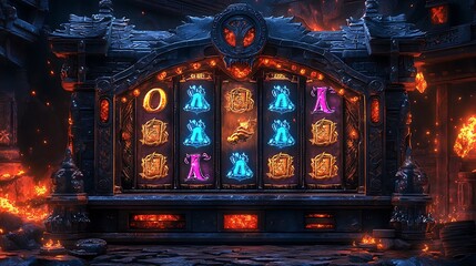 A dark, gothic dragon-themed slot machine carved from obsidian, glowing with ancient runes. The reels spin with magical scrolls, dragon fangs, and molten gold,