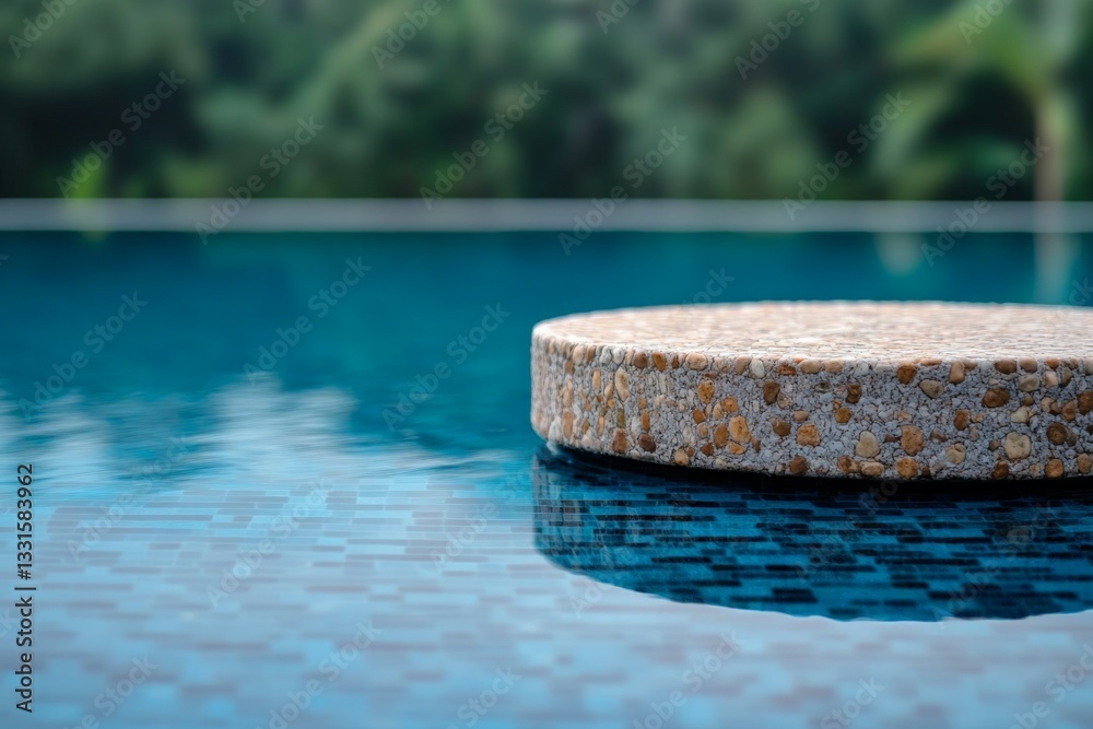 Poster tranquil swimming pool reflecting nature in a serene resort setting