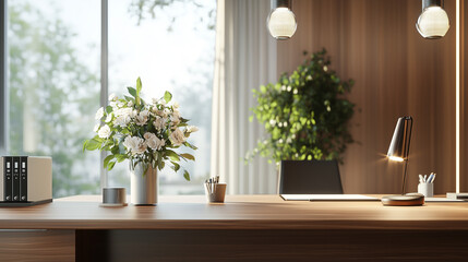 The image is a staged photo of an office. It features a desk with a laptop, flowers, desk lamp, and hanging lights from the ceiling, indicating a modern and comfortable workspace.

