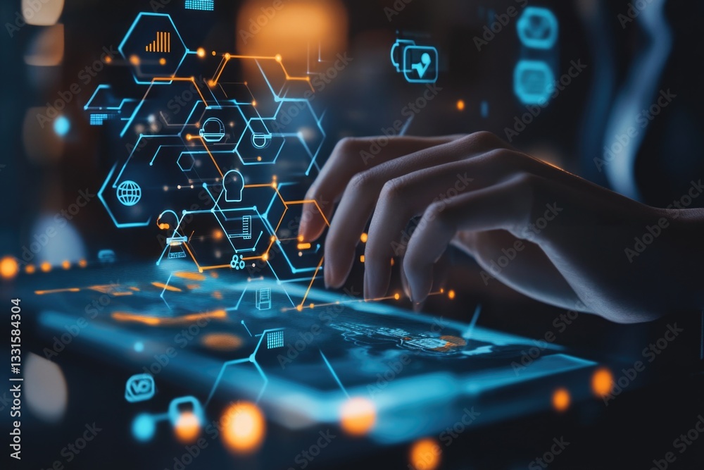 Poster a person sits in front of their laptop, surrounded by various icons and symbols as they work