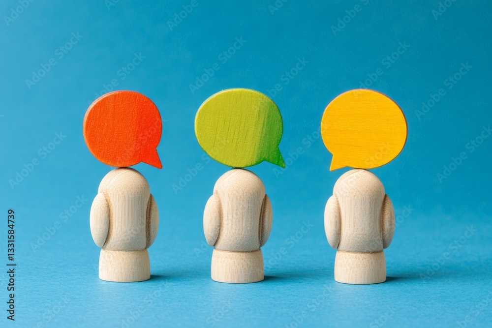 Aufkleber Wooden figures with colorful speech bubbles represent dialogue and communication in a creative way