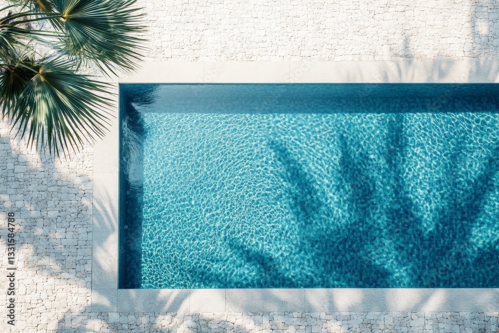Poster crystal-clear swimming pool surrounded by palm trees in a serene outdoor setting on a sunny day