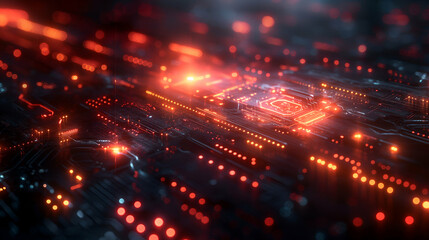 Obraz premium Futuristic Circuit Board Red Orange Glowing Lines, Modern Digital Network Design