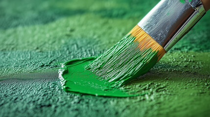 Fototapeta premium A paintbrush spreads vibrant green paint across a textured surface, capturing creativity in motion.