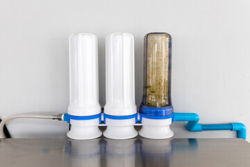 Water filtration purifier system for drinking water with dirty. Replacement and change water filter cartridge for pure water.