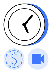 Clock with bold hands, coin icon, and video play symbol represent time value, efficiency, productivity, financial planning, online meetings, digital prioritization teamwork. Ideal for flat simple