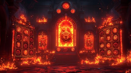 A fiery underworld slot machine, bathed in the eerie red glow of Hades’ realm. The reels display Cerberus, obsidian coins, and ghostly souls,