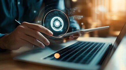 Person using a tablet and laptop with futuristic digital interface overlay showing innovative technology and data visualization