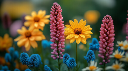 Vibrant yellow, pink, and blue flowers blooming in a lush garden with soft focus