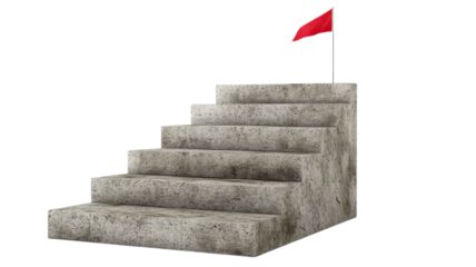 Concrete staircase with a red flag at the top in a minimalist setting