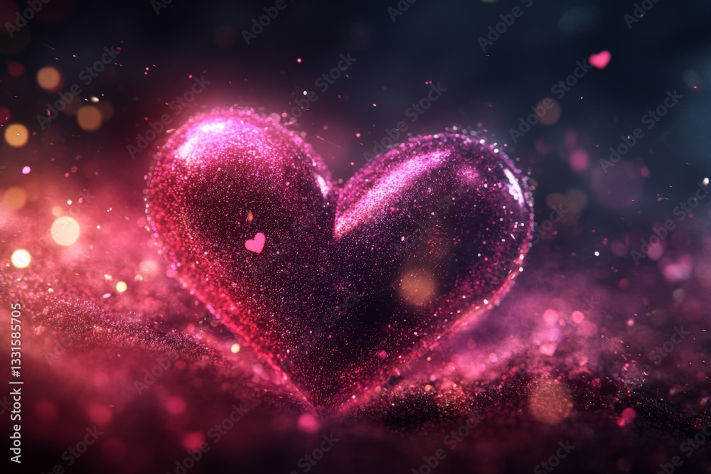 Poster glittering heart shape surrounded by colorful sparkles at night during a romantic event