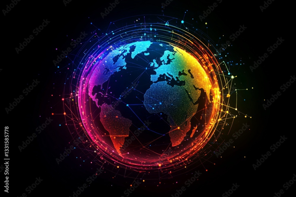 Poster Colorful representation of the globe with vibrant connections showcasing data flow and global interaction