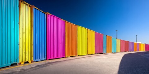 Vibrant Stacked Shipping Containers Illustrating Global Trade and Logistics Under a Bright Blue Sky
