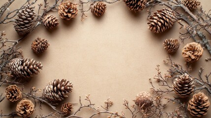 Pine cones and twigs arranged on a neutral colored surface