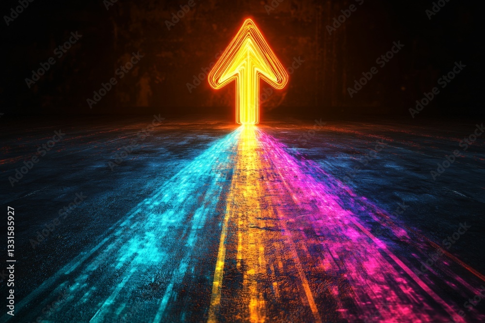 Poster bright neon arrow lighting the path in an atmospheric glow during nighttime