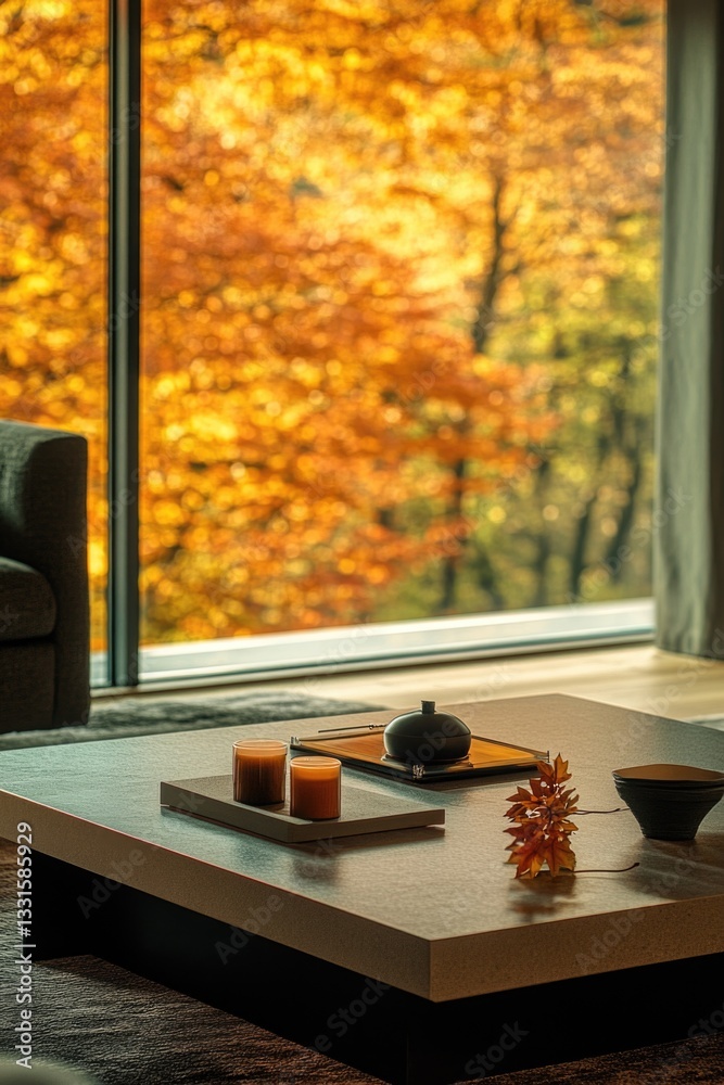 Poster a coffee table placed in front of a window with natural light