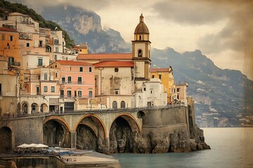 Naklejka premium Coastal Italian village, colorful buildings, overlooking sea, dramatic sky. Possible use travel brochure, tourism promotion