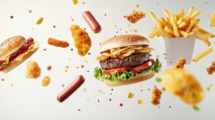 A creative fast food composition with various dishes including a floating burger steak French fries chicken sticks fried chicken and a hot dogsuspended in midair against a white