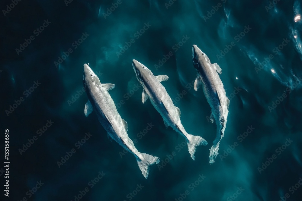 Poster three sharks glide through clear ocean waters while sunlight filters down, showcasing their sleek bo