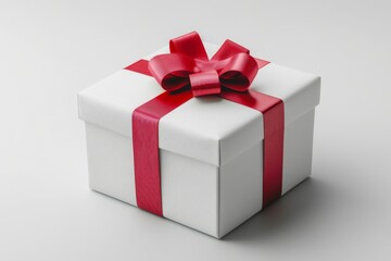 Fototapeta premium Wrapped gift box with red ribbon on a plain background awaiting to be opened