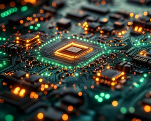 Obraz premium Close-Up of Digital Circuit Board with Glowing Connections Representing AI Impact on Modern Society – Generative AI