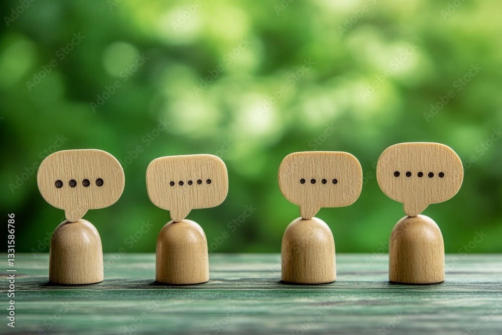 Poster Wooden speech bubble figures representing communication and conversation in a serene outdoor setting