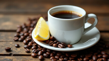 Fototapeta premium Hot black coffee in white cup with lemon slice and roasted beans on rustic wooden table