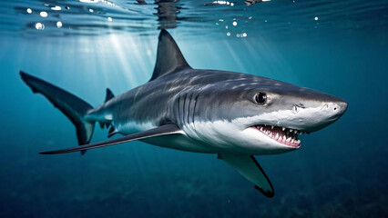Fototapeta premium Close up shot of shark underwater with blurry background