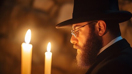 An Orthodox Jewish rabbi praying at the Western Wall, his face illuminated by the flickering candlelight
