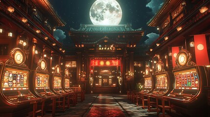 Obraz premium A grand casino adorned with samurai-inspired slot machines, their reels displaying ornate kabuto helmets, legendary swords, and red sun banners.