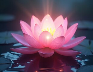 glowing lotus flower floating on water with mystical energy – a serene spiritual artwork of a radiant pink lotus, symbolizing tranquility, enlightenment, and divine beauty