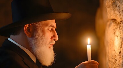 An Orthodox Jewish rabbi praying at the Western Wall, his face illuminated by the flickering candlelight