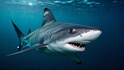 Fototapeta premium Close up shot of shark underwater with blurry background
