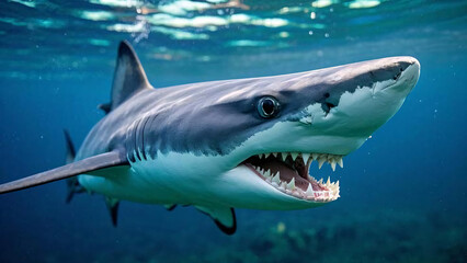 Obraz premium Close up shot of shark underwater with blurry background