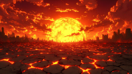 Fiery Sunset Over a Molten Land