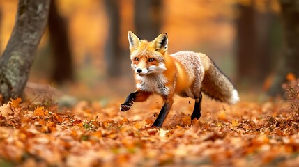 Red Fox Running Through Autumn Leaves