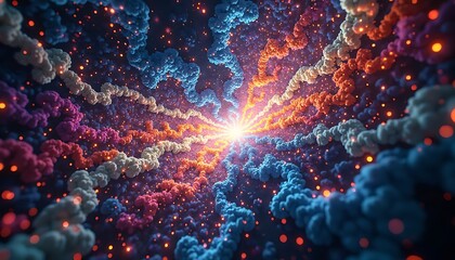 cosmic energy vortex with futuristic wireframe geometry &ndash; a surreal, chaotic explosion of colors blending into a mesmerizing, interdimensional digital art form