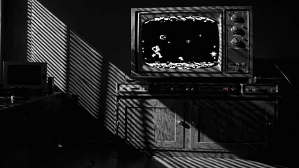 Sunlight streams through window blinds, casting dynamic shadows across a room where a vintage television displays a simple, pixelated arcade game in monochrome - Powered by Adobe