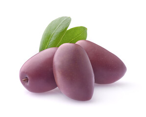 Kalamata olives with leaves on white background